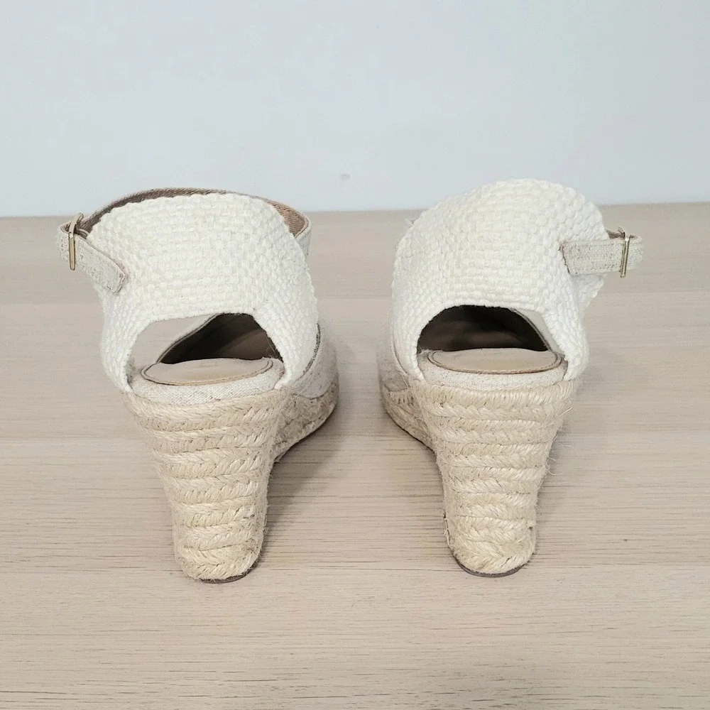 J Crew Espadrille Wedge Sandals Ankle Strap Ivory Cream Heels Jute Buckle 7.5